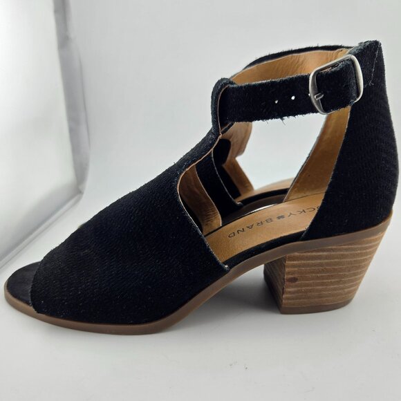 Lucky Brand Baxley Black Suede Bootie Sandals | Size 7M Peep Toe Ankle Strap - Picture 3 of 13